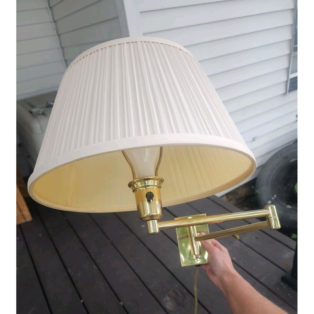 Vintage Solid Gold Brass Wall Mounted Swing Arm Lamp, Mushroom Pleated Shade MCM